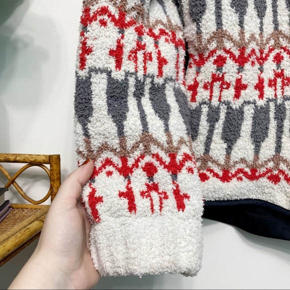 anthro | sleeping on snow nordic intarsia sherpa jacket ivory red xs htf - Picture 6 of 16